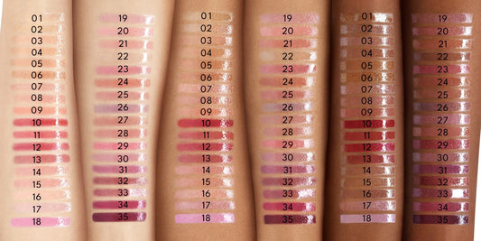 35 arm swatches of Full On Plumping Lip Polish Gloss on 3 skin tones.