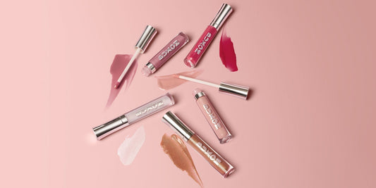 Full On Lip Polish Gloss in clear, nude, mauve, light pink and bright pink with shimmer and sheen.