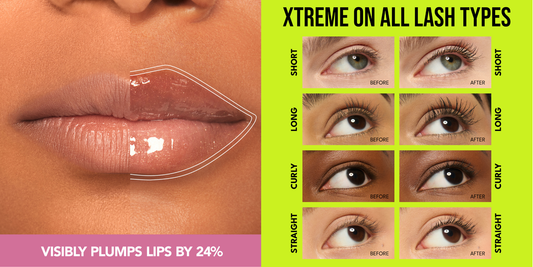 Plump Shot Lip Serum Before & After - Visibly Plumps Lips by 24%. Lash Xtension Lift Mascara is Xtreme on All Lash Types. Before & After on short, long, curly and straight lashes.
