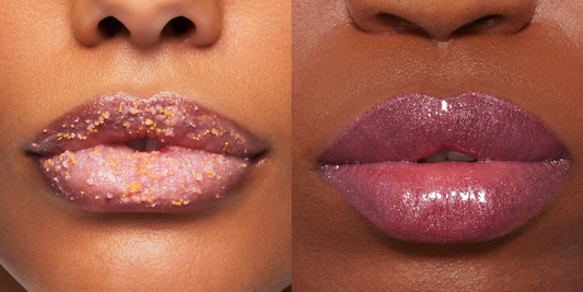 Power-Full Lip Scrub on lips and Full-On Plumping Lip Polish Gloss in Gabby on lips